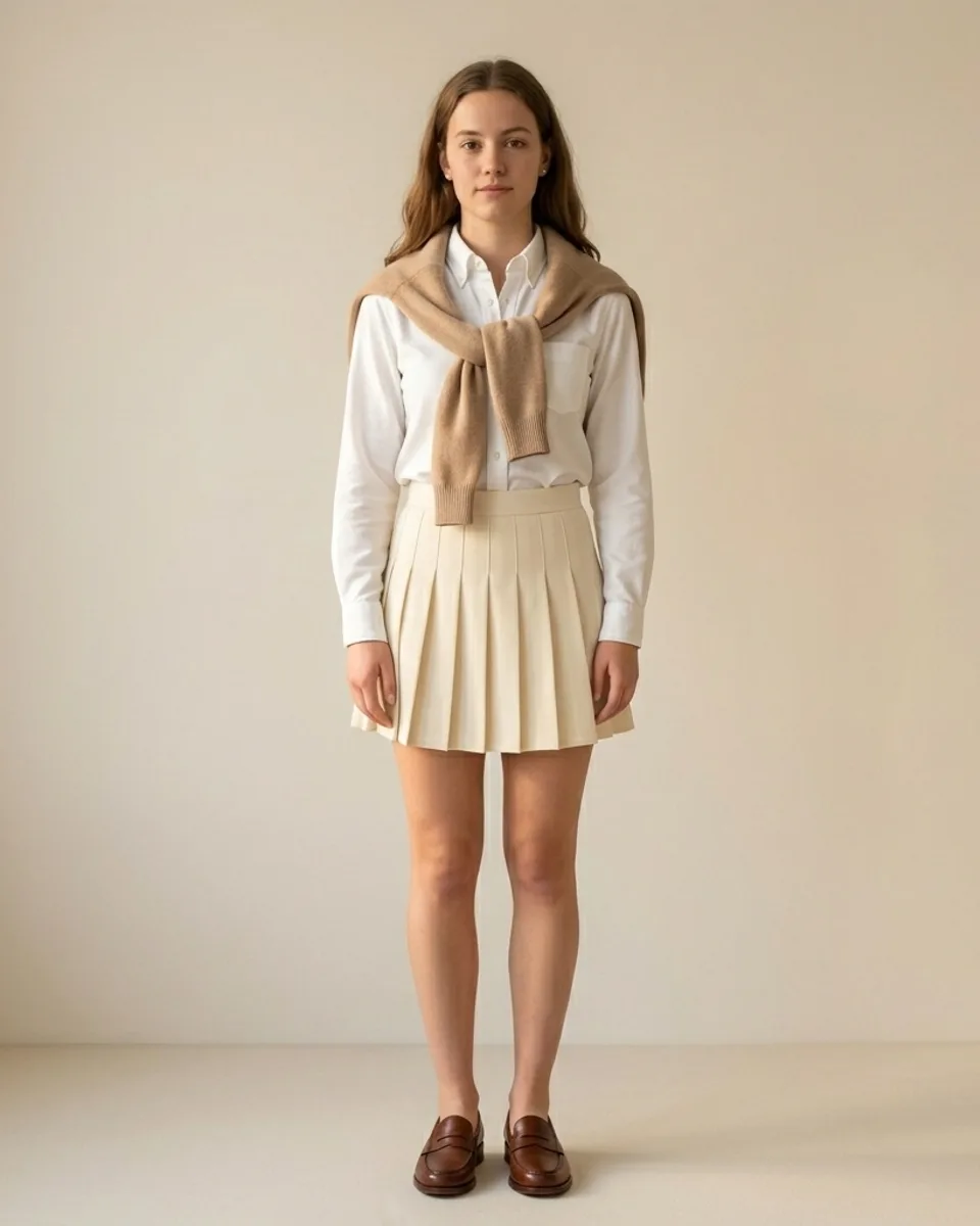 Editorial look: a white shirt with a knit sweater and pleated skirt